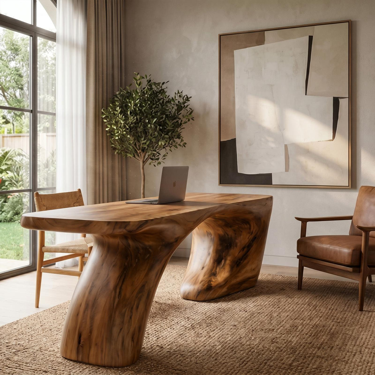 Modern Organic Desk, Sculptural Curved Solid Wood Base & Writing Table for Home Office Workspace