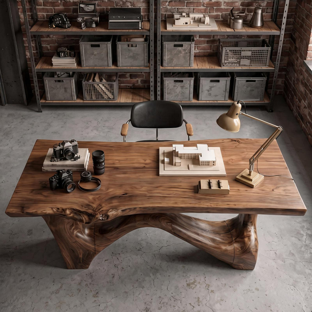 Organic Sculptural Desk, Asymmetrical Solid Wood Base & Writing Desk Top for Office & Study