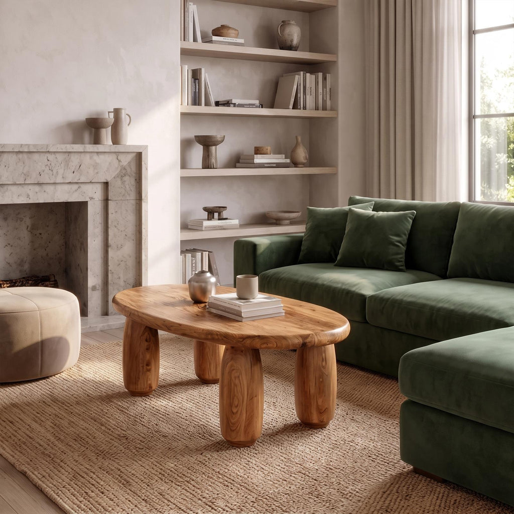 Natural Coffee Table With Organic Rounded Base For Living Room And Family Room SINLKICF421