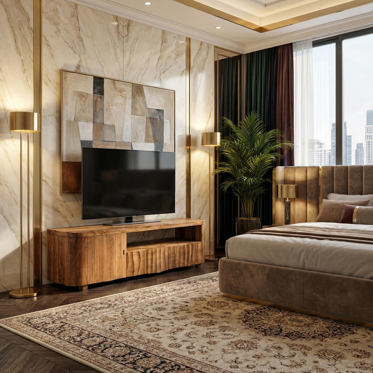Modern TV Cabinet, Solid Wood Media Console with Storage Drawer & Shelves for Living Room