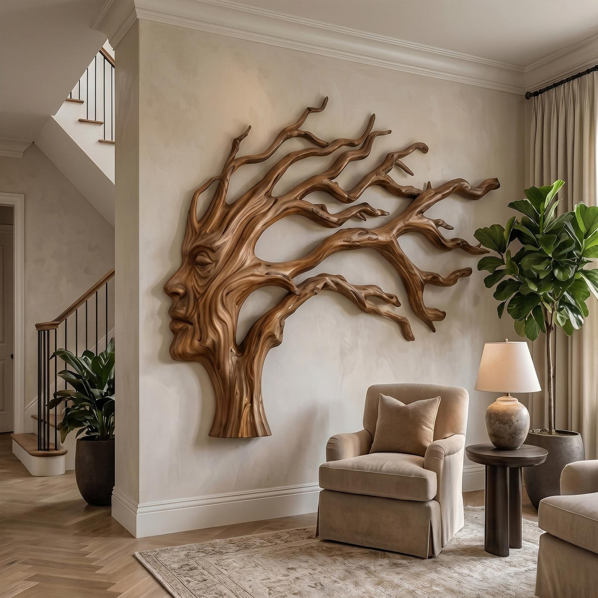 Organic Tree Wall Art, Handcrafted Sculptural Branch Solid Wood Hanging Decor for Living Room & Foyer