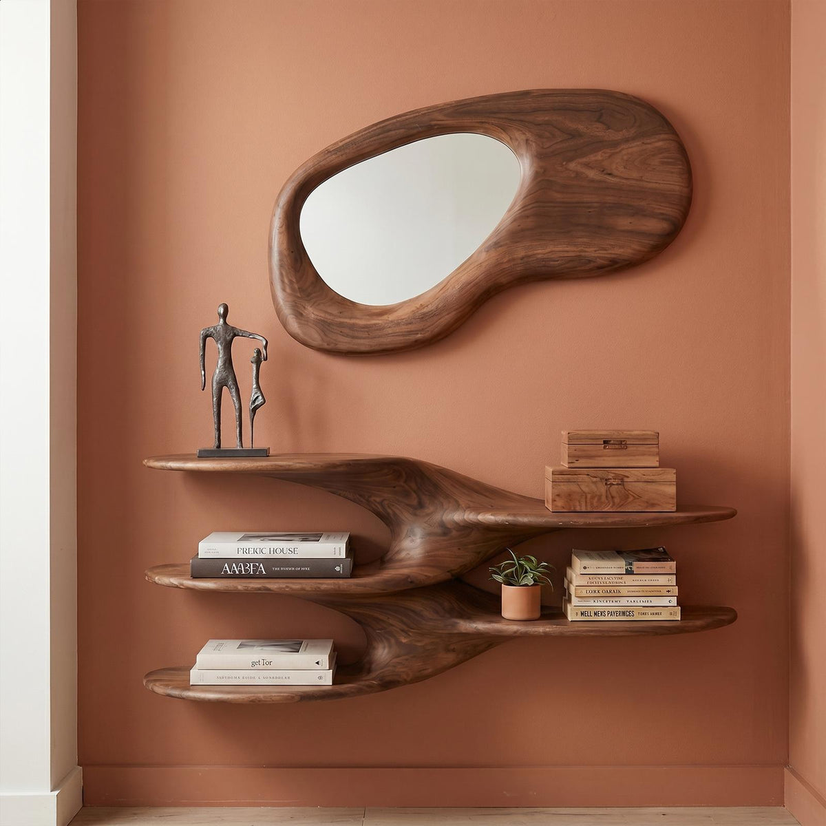 Sculptural Floating Wall Shelf, Handcrafted Solid Wood Wave Display Ledge for Bedroom & Living Room