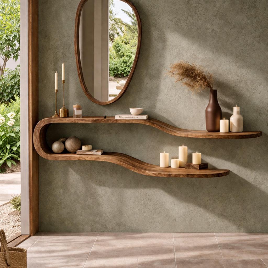 Organic Curved Floating Wall Shelf, Handcrafted Solid Wood Hanging Wave Display for Living Room Bedroom