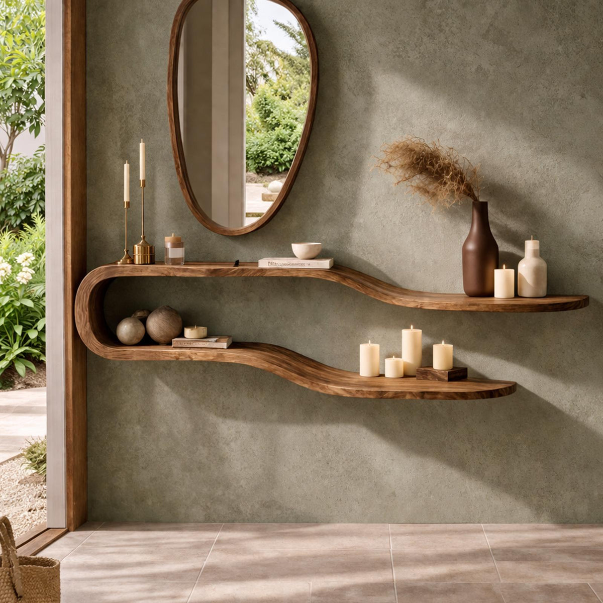Organic Curved Floating Wall Shelf, Handcrafted Solid Wood Hanging Wave Display for Living Room Bedroom