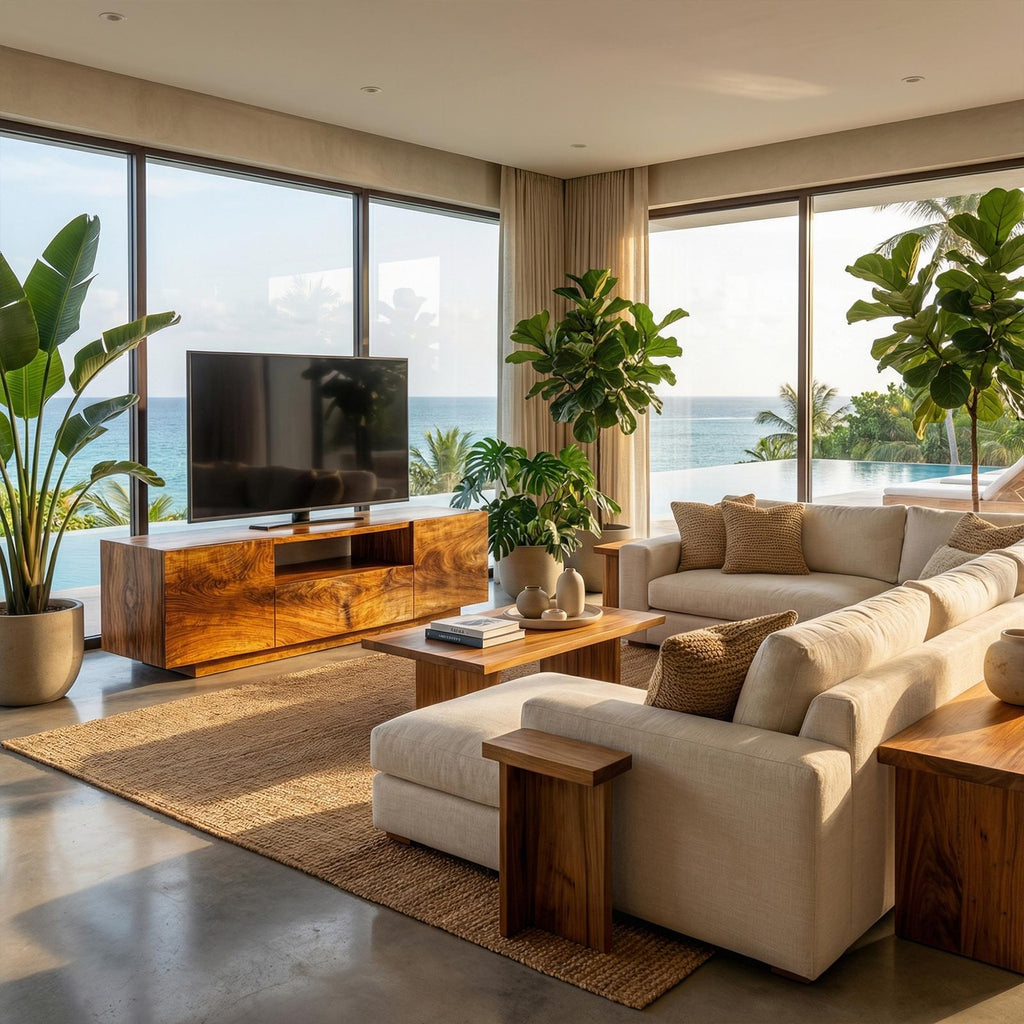 Modern Rustic TV Cabinet, Solid Wood Low Profile Block TV Stand, Living Room Media Console Unit