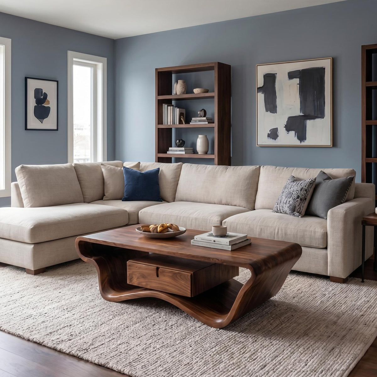Curved Sculptural Coffee Table with Storage Drawer, Modern Solid Wood Center Accent Table