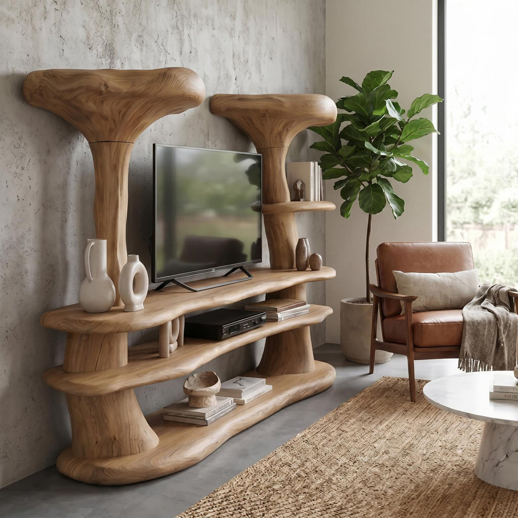 Organic Mushroom TV Stand, Sculptural Solid Wood Entertainment Center, TV Console Media Cabinet for Living Room