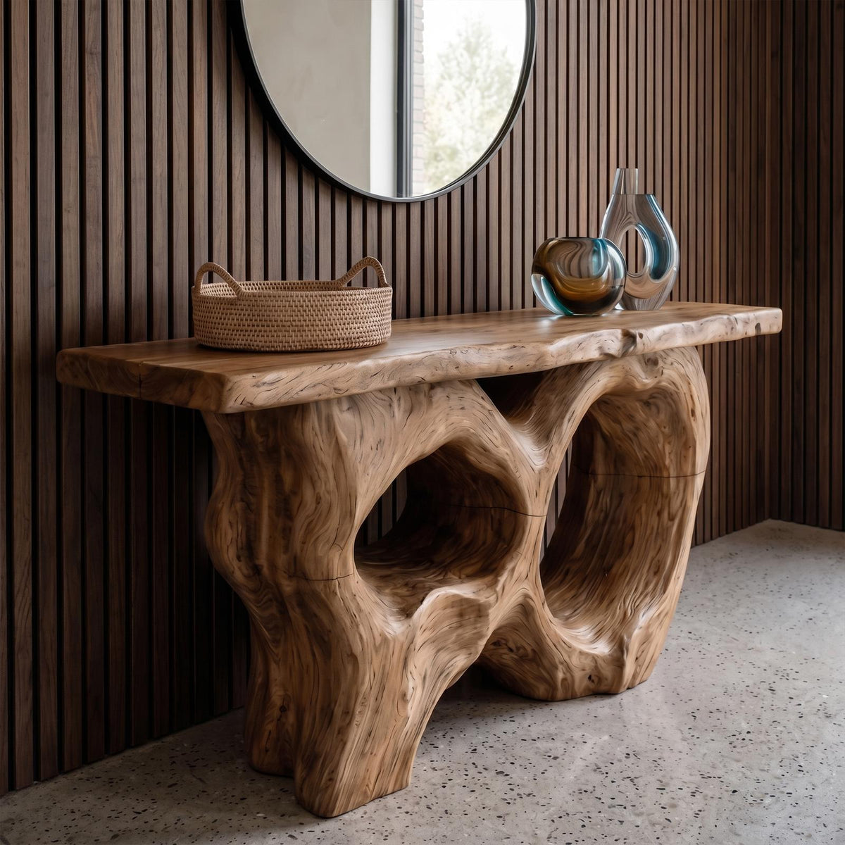 Modern Console Table With Sculptural Asymmetrical Wood Base For Living Room