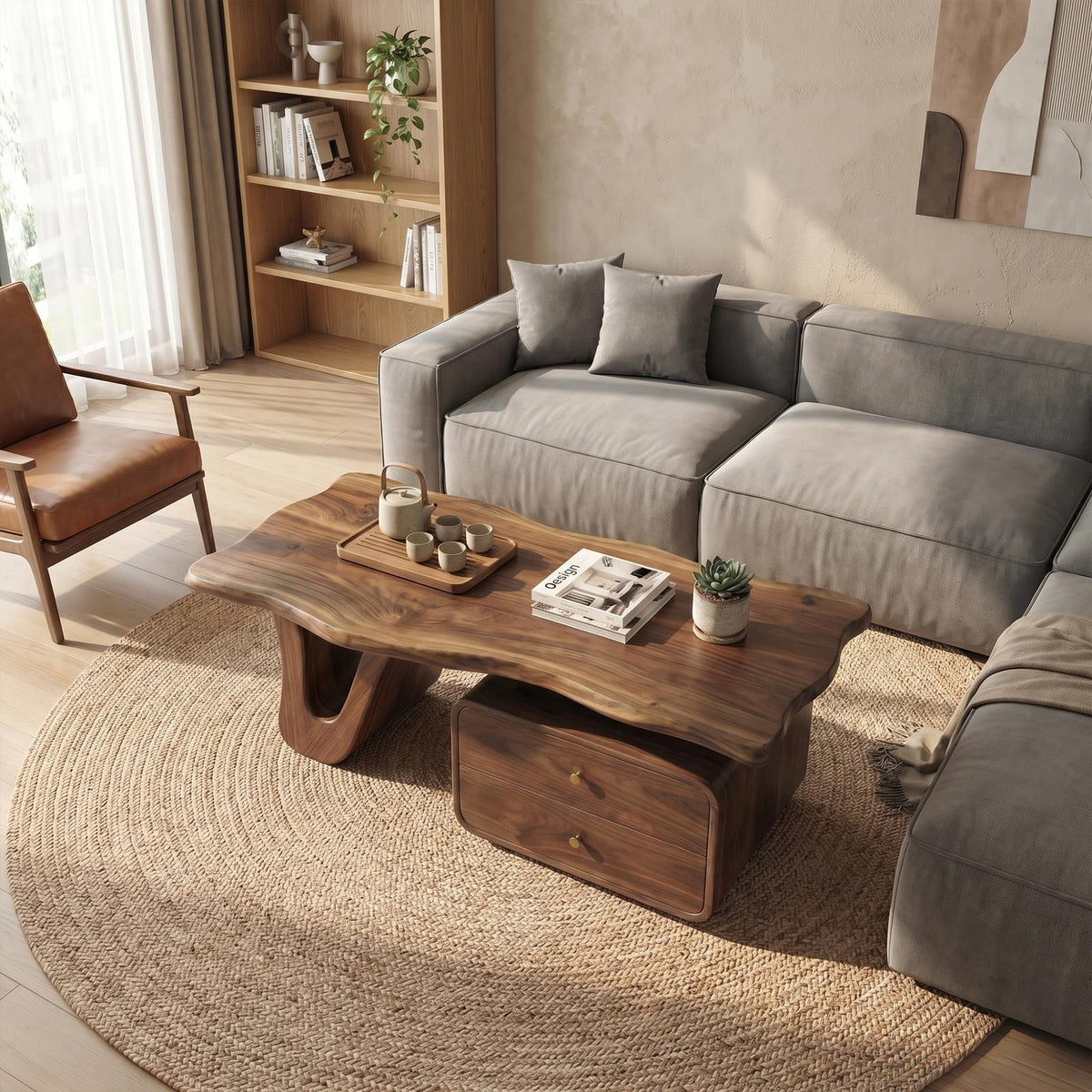 Modern Coffee Table with Storage, Handcrafted Solid Wood Center Accent Table for Living Room Lounge
