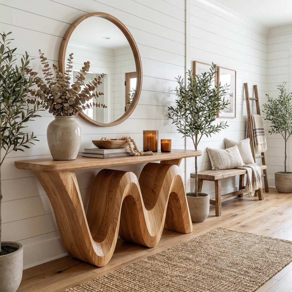 Organic Flow Console Table, Solid Wood Sculptural Wave Base Entryway Sofa Table for Hallway