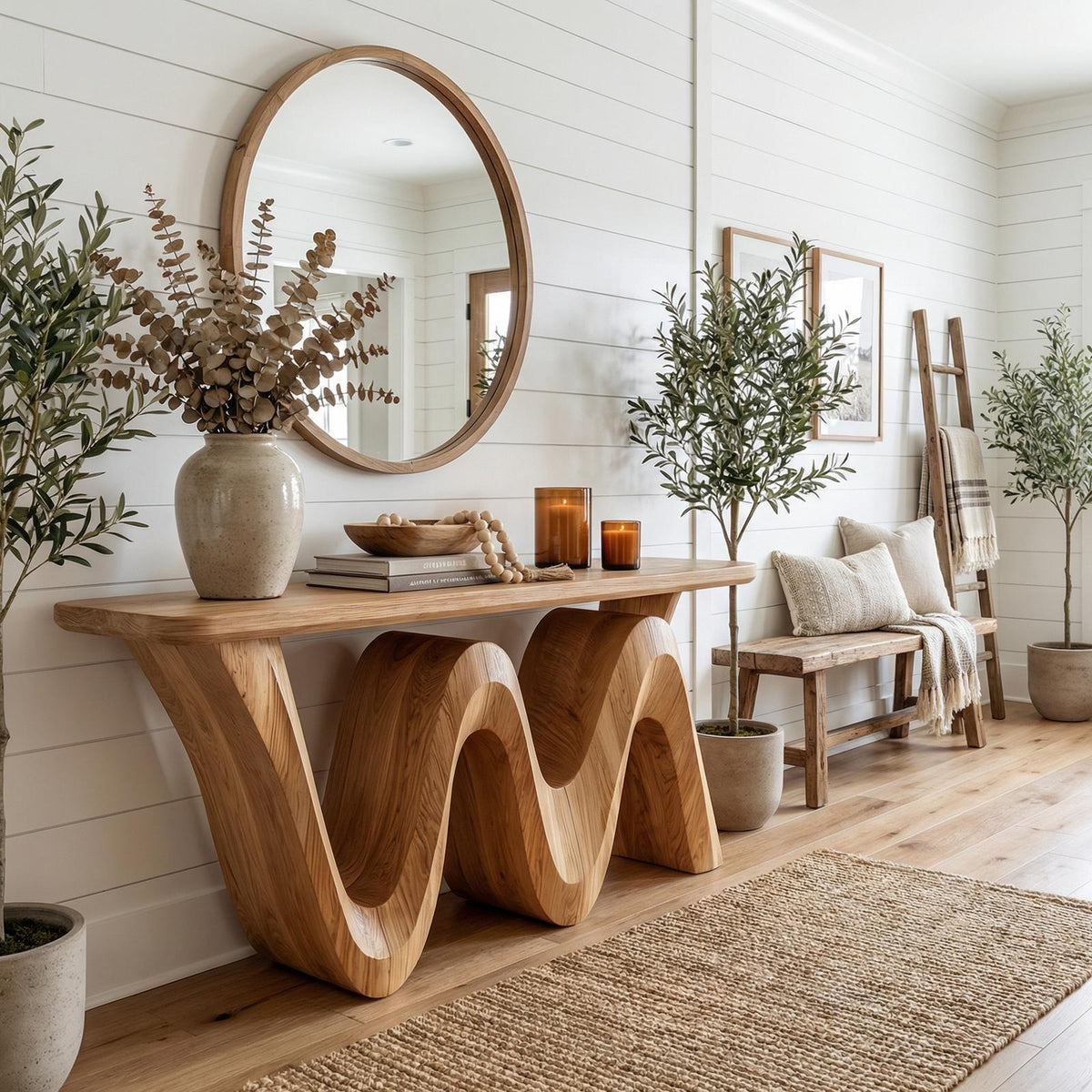 Organic Flow Console Table, Solid Wood Sculptural Wave Base Entryway Sofa Table for Hallway