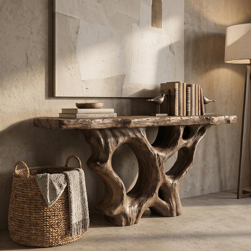 Organic Solid Wood Console Table with Sculptural Natural Wood Base, Unique Entryway Sofa Table for Living Room
