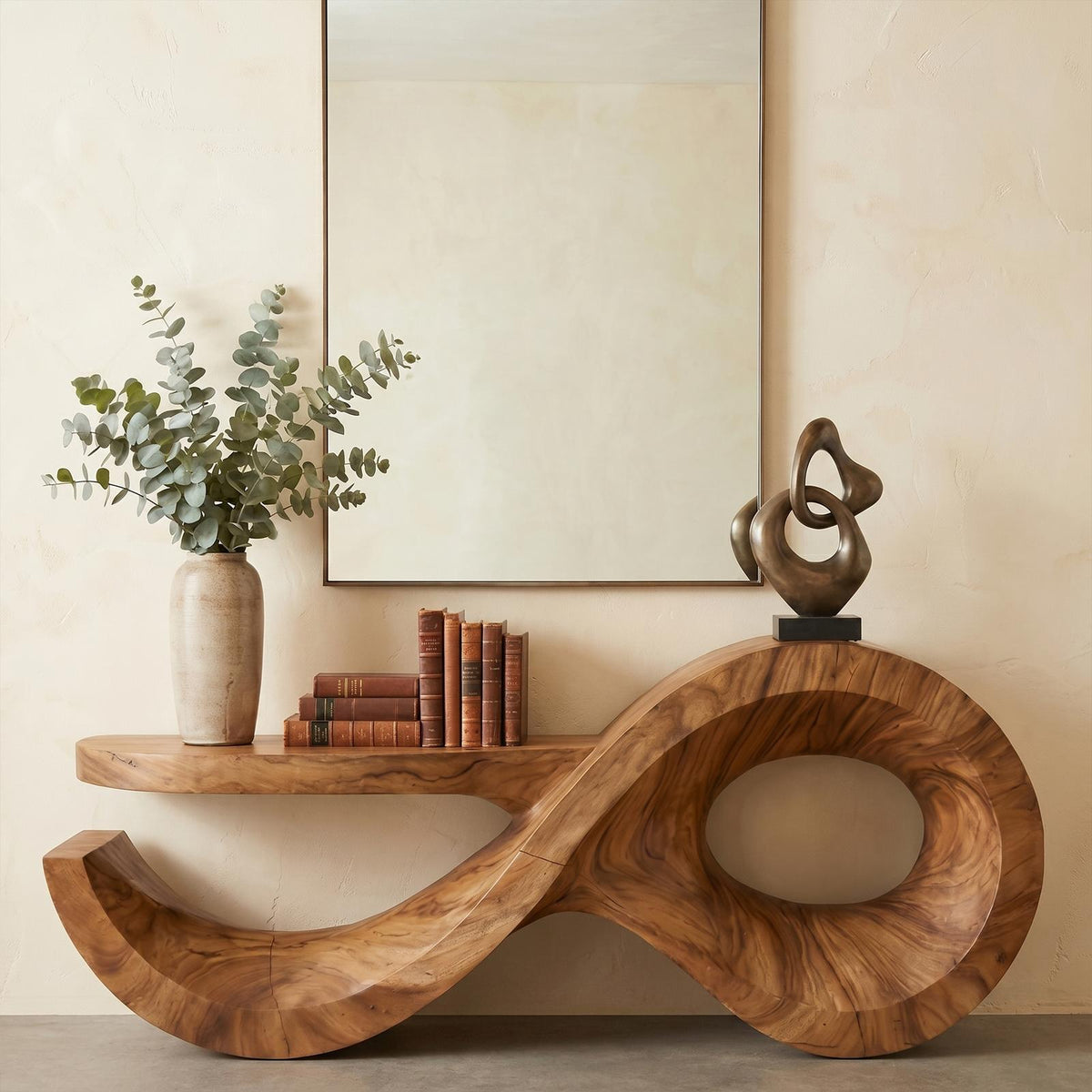 Contemporary Solid Wood Console Table with Sculptural Wave Base, Modern Entryway Sofa Table for Living Room