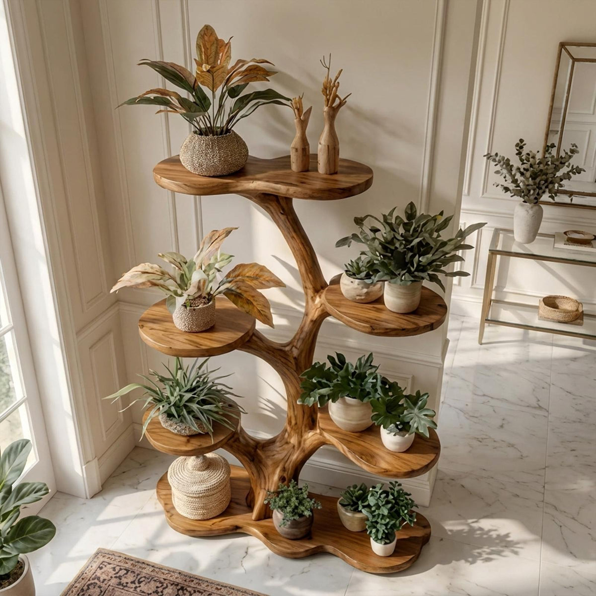 Rustic Tree Plant Shelf Indoor Green Display Living Room