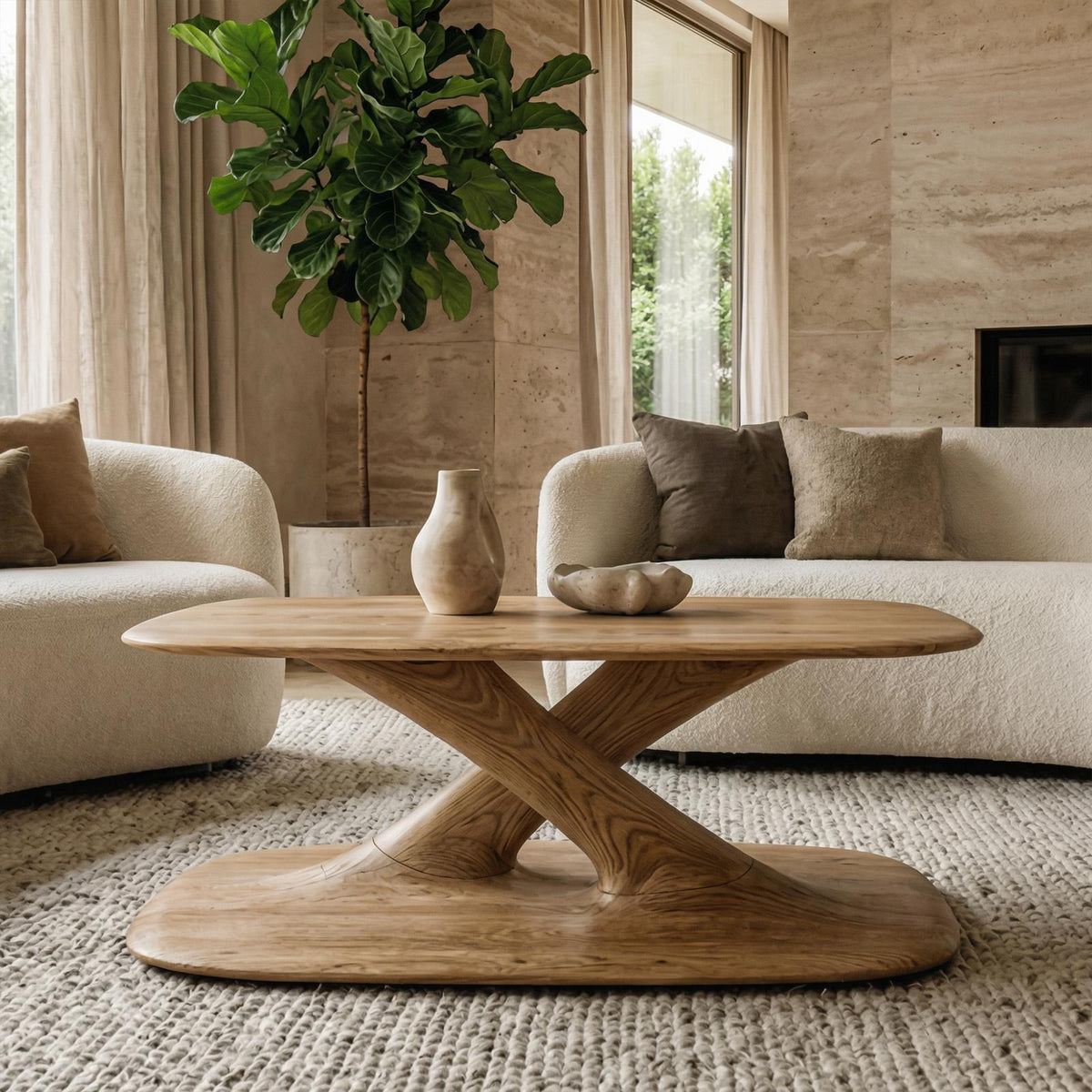 Modern Curved Coffee Table, Solid Wood Wave Accent Center Table for Cozy Living Room and Lounge
