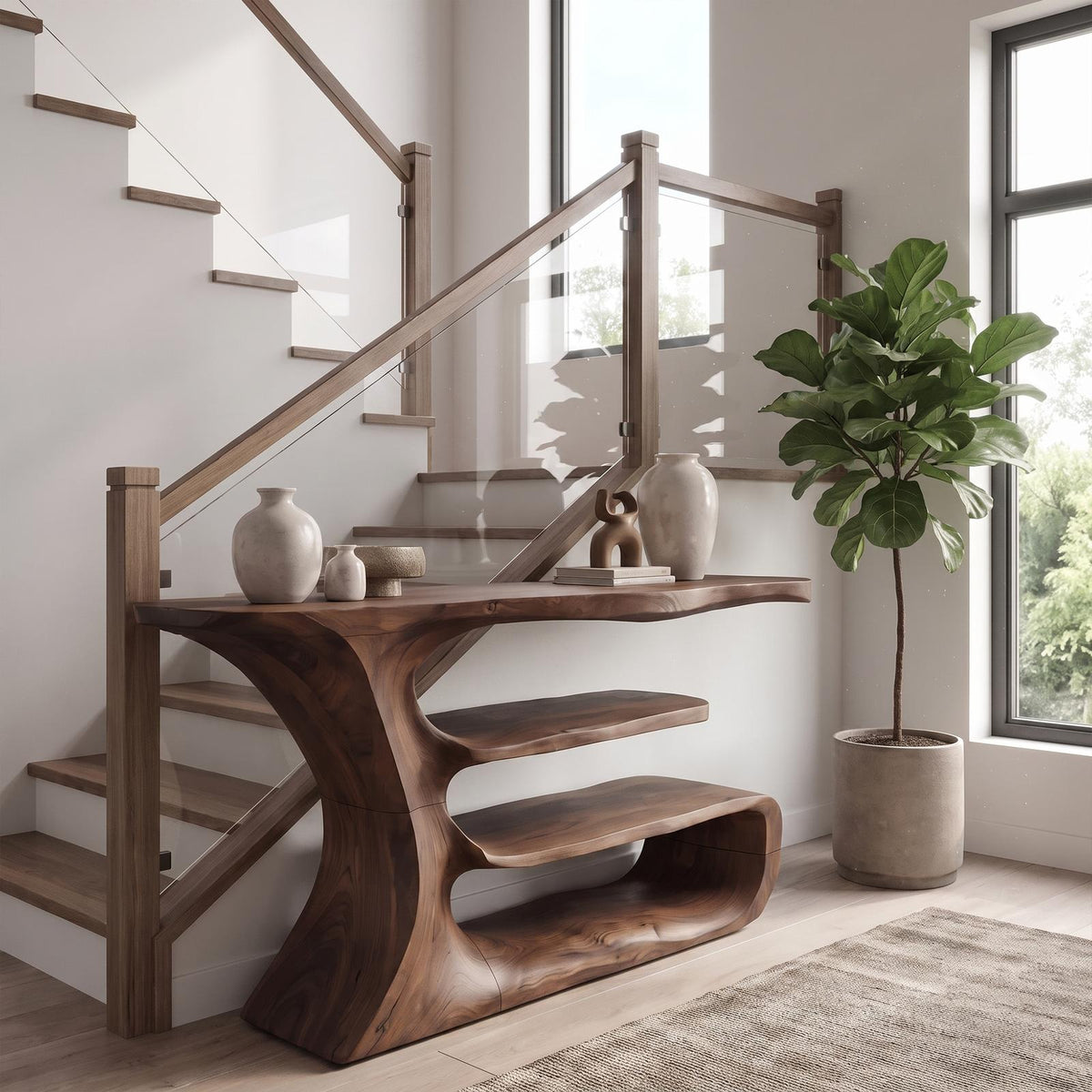 Sculptural Console Table, Solid Wood Artistic Accent Sofa Table for Elegant Living Room & Foyer