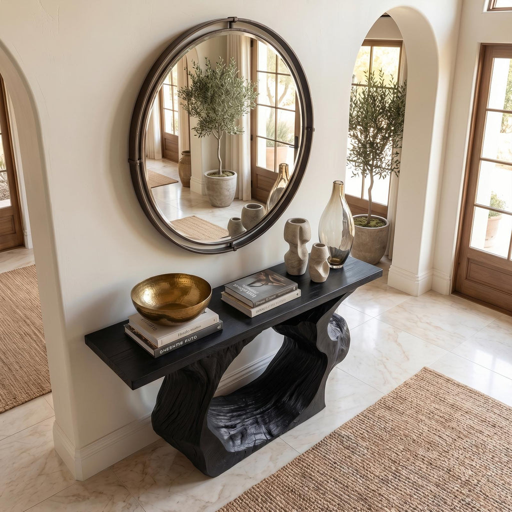 Sculptural Console Table, Modern Solid Wood Entryway Sofa Table & Accent Hallway Credenza