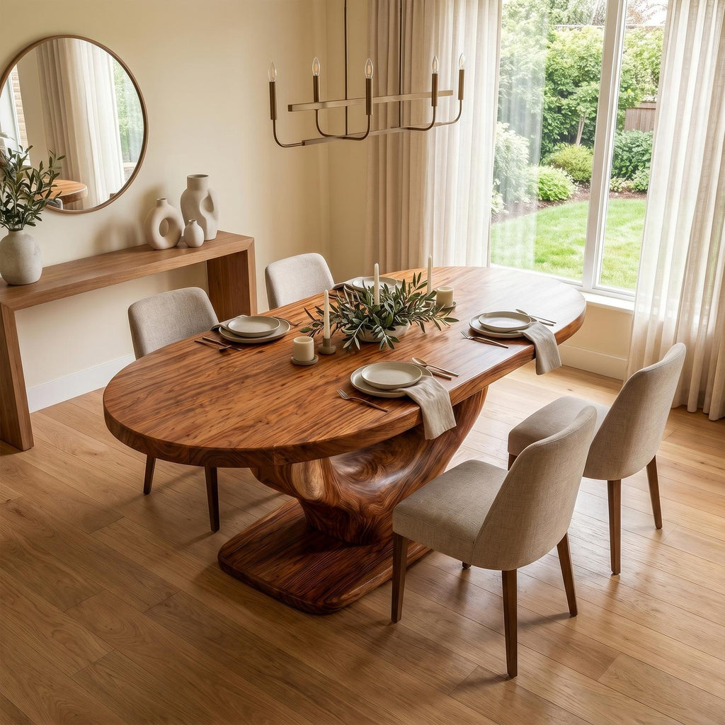 Spry Interior Rustic Curved Base Dining Table, Handcrafted Solid Wood Kitchen & Dining Room Wooden Trestle Table, SINLKIDT167