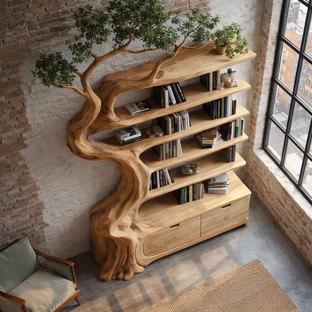 Rustic Tree Bookshelf with Storage Cabinet, Handcrafted Wood Branch Bookcase for Living Room