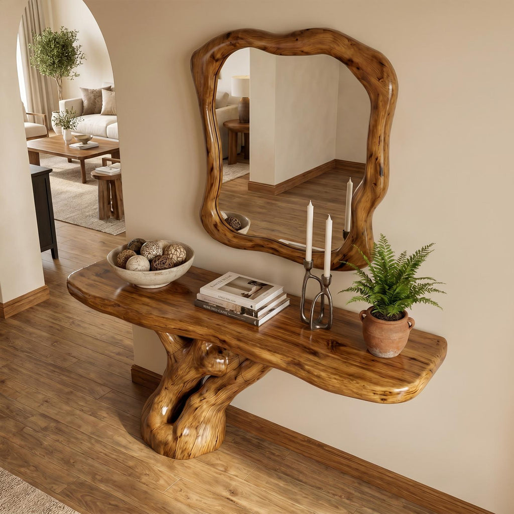 Spry Interior Rustic Tree Root Console Table, Natural Live Edge Solid Wood Entryway Table & Sofa Accent Credenza, SINLKICS570