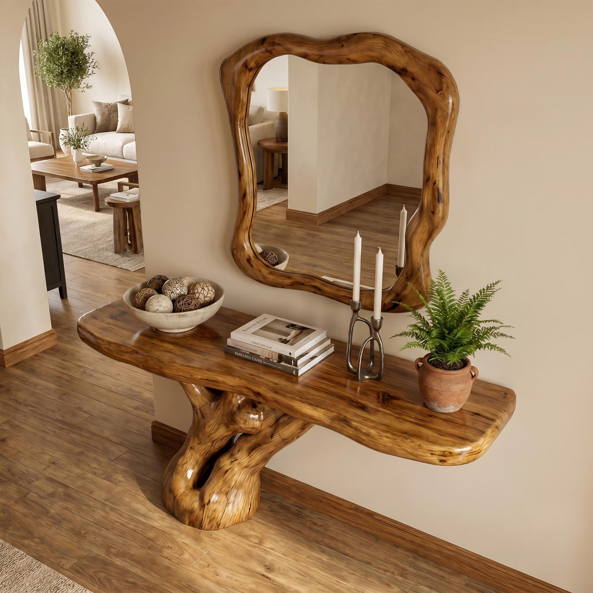 Spry Interior Rustic Tree Root Console Table, Natural Live Edge Solid Wood Entryway Table & Sofa Accent Credenza, SINLKICS570