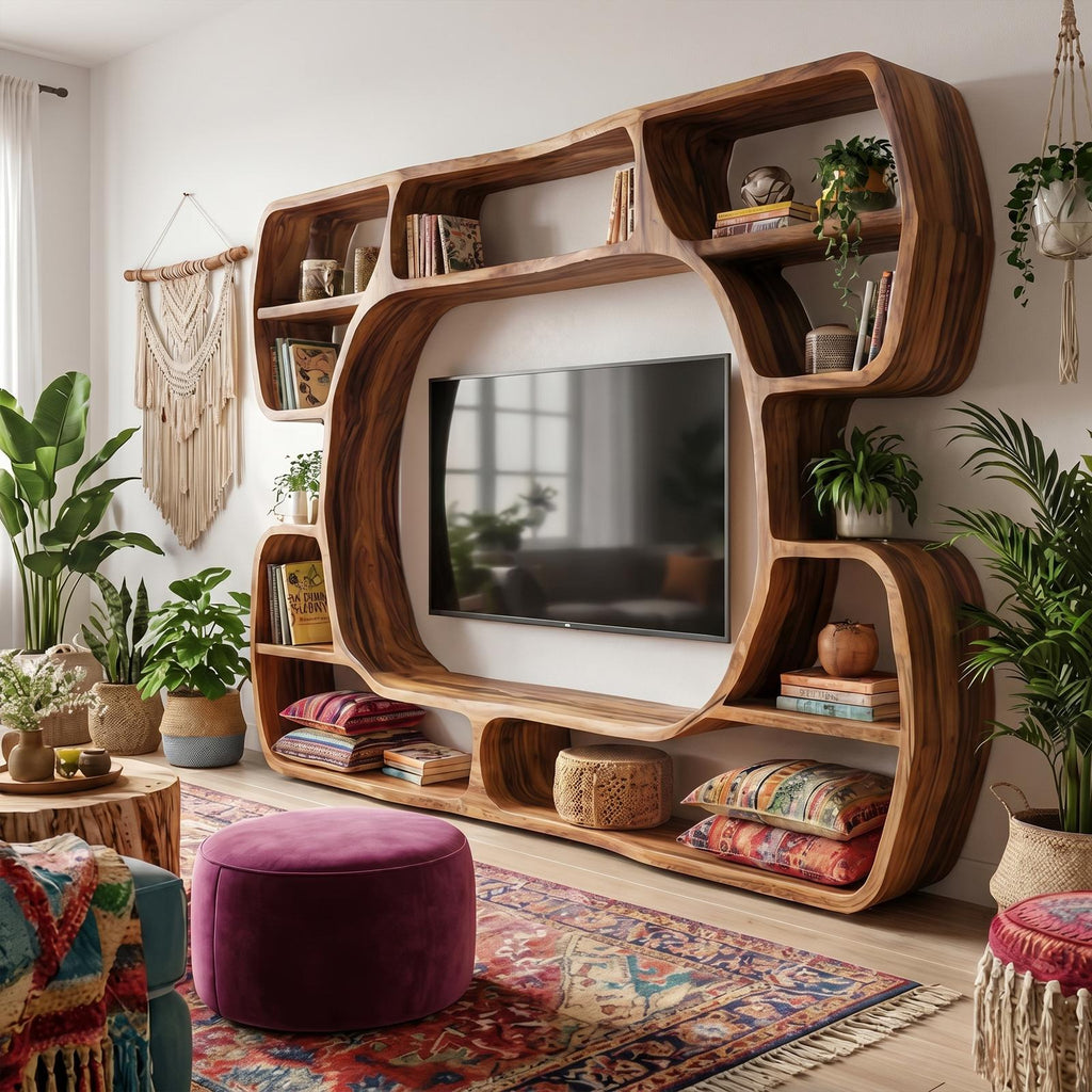 Organic Wood Entertainment Center with Sculptural Surround Shelves & Large TV Console for Living Room