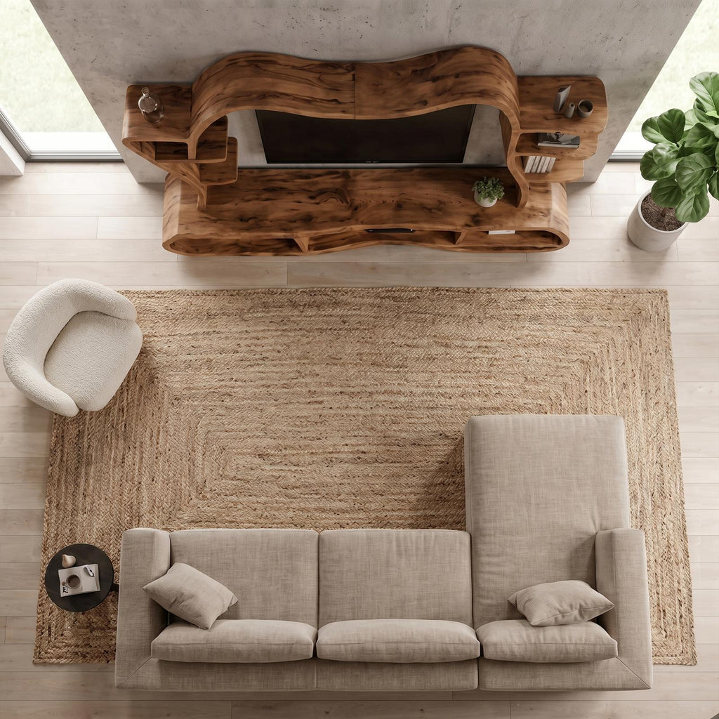 Modern Wood Entertainment Center with Sculptural Curved Shelving, Luxury Living Room TV Stand Console