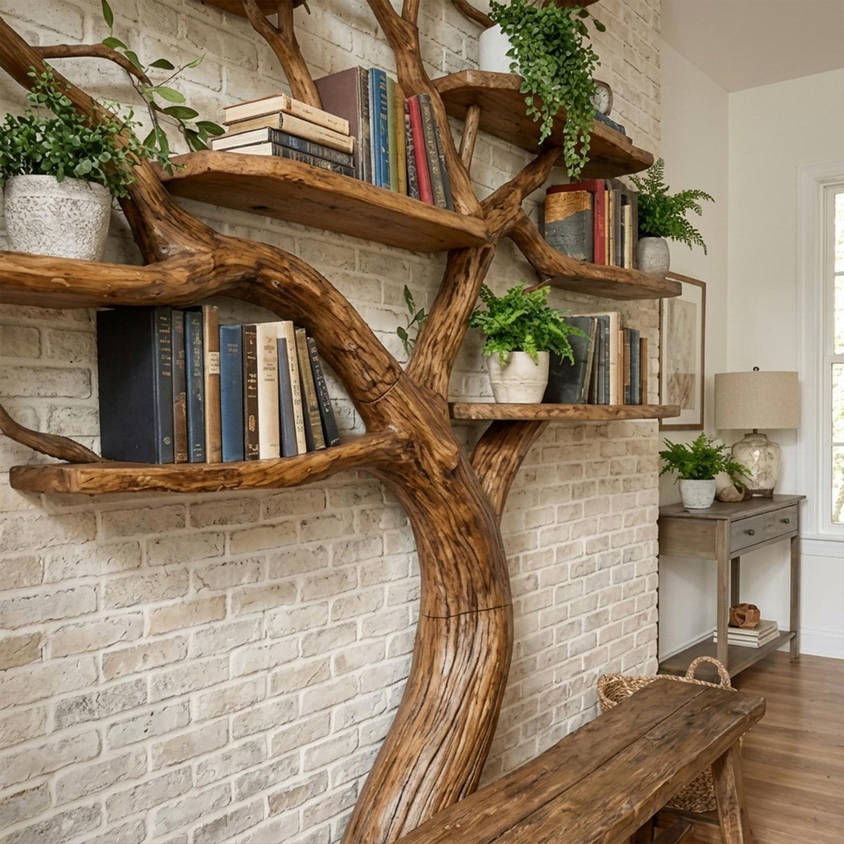 Organic Modern Large Tree Bookshelf, Freestanding Solid Wood Branch Bookcase & Storage Unit for Study & Library