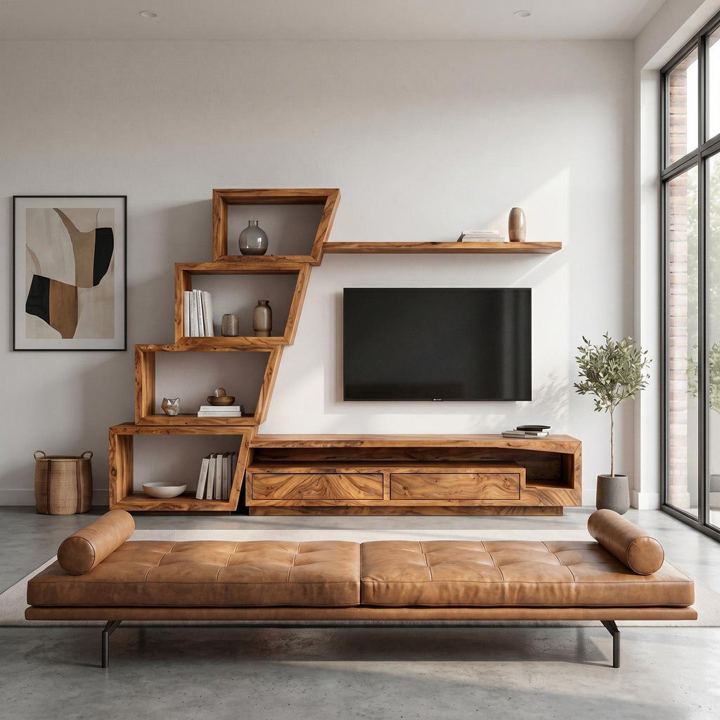 Organic Wood TV Cabinet with Artistic Open Shelving System & Modern Media Console Table for Living Room