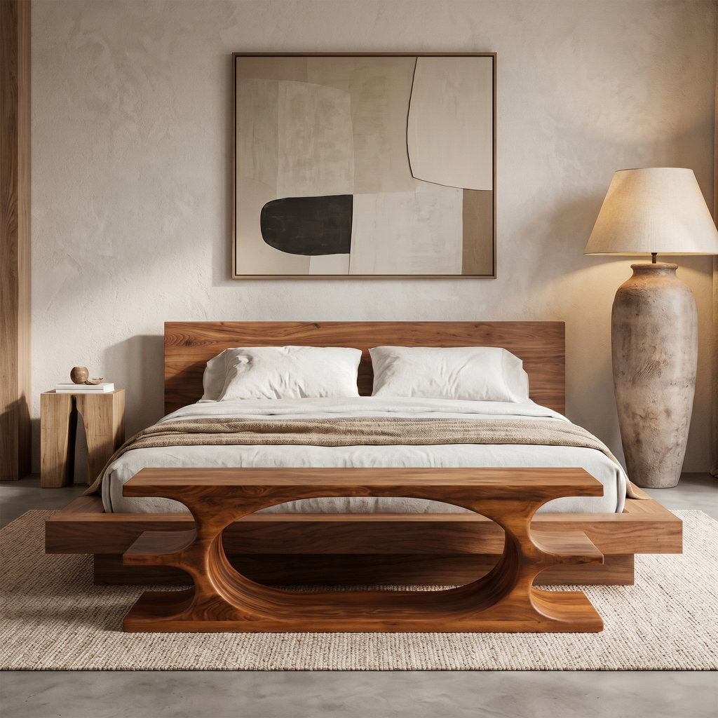 Organic Sculptural Wooden Bench with Flowing Curved Base, Solid Wood Hallway Seating & Living Room Accent Bench