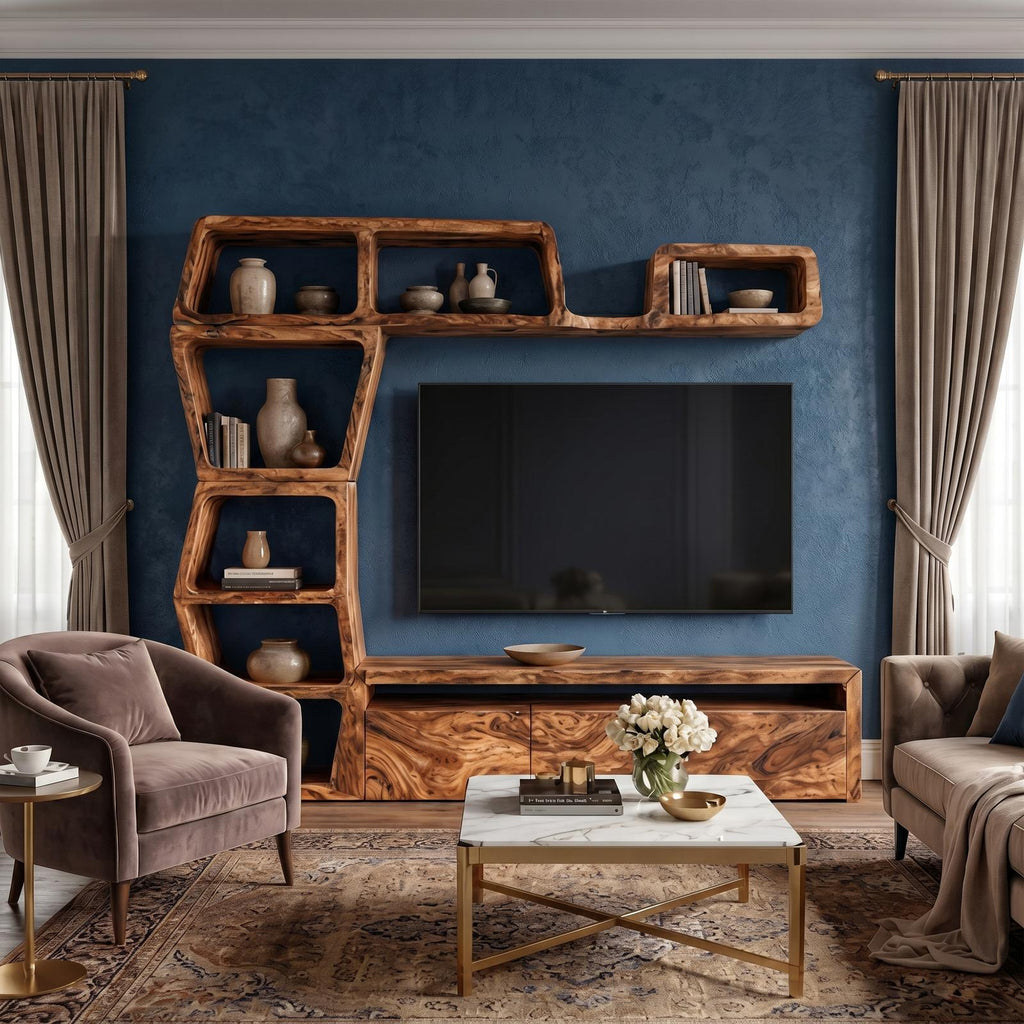 Contemporary Wooden Entertainment Center with Integrated Display Shelves & TV Console Table for Living Room
