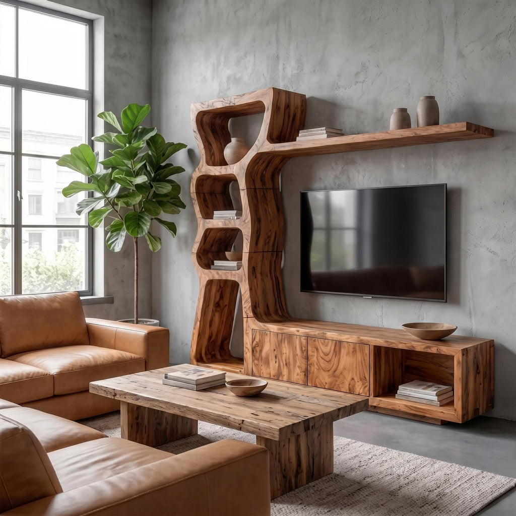 Modern Wood TV Cabinet with Curved Built-In Display Shelves & Entertainment Center Console for Living Room