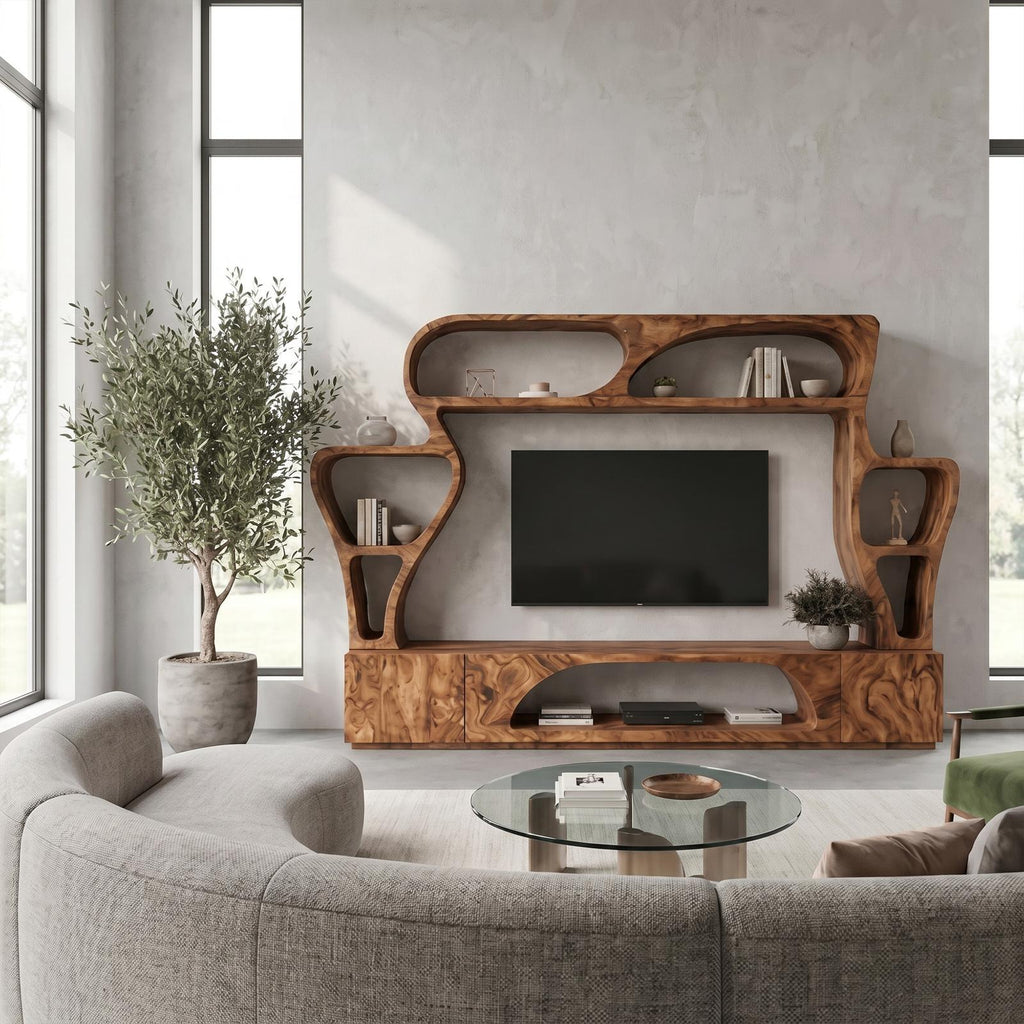 Solid Wood Statement TV Console, Handcrafted Living Room Entertainment Center with Sculptural Wall Shelves, Model