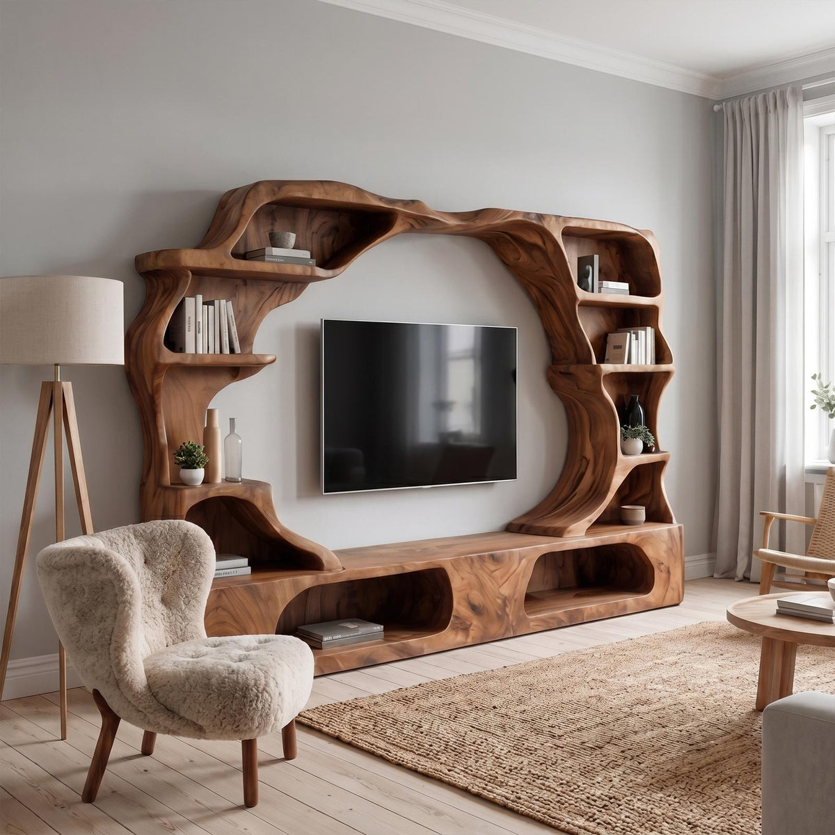 Nature-Inspired Wooden Entertainment Center, Handcrafted Living Room TV Console with Organic Display Shelves, Model