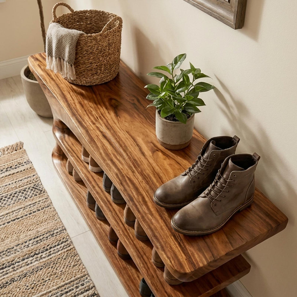 Mid Century Natural Wood Shoe Storage Bench Hallway