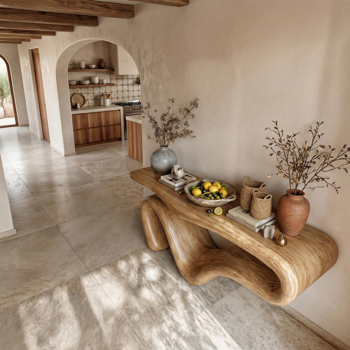 Organic Modern Sculptural Console Table, Solid Wood Curved Entryway & Living Room Accent Sofa Table