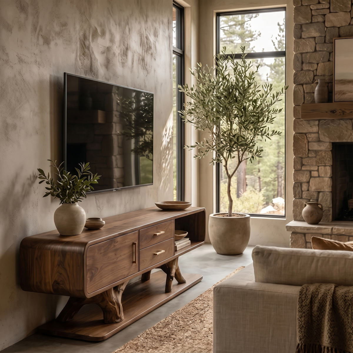 Modern Organic TV Cabinet with Storage Drawers, Solid Wood TV Stand & Media Entertainment Console for Living Room