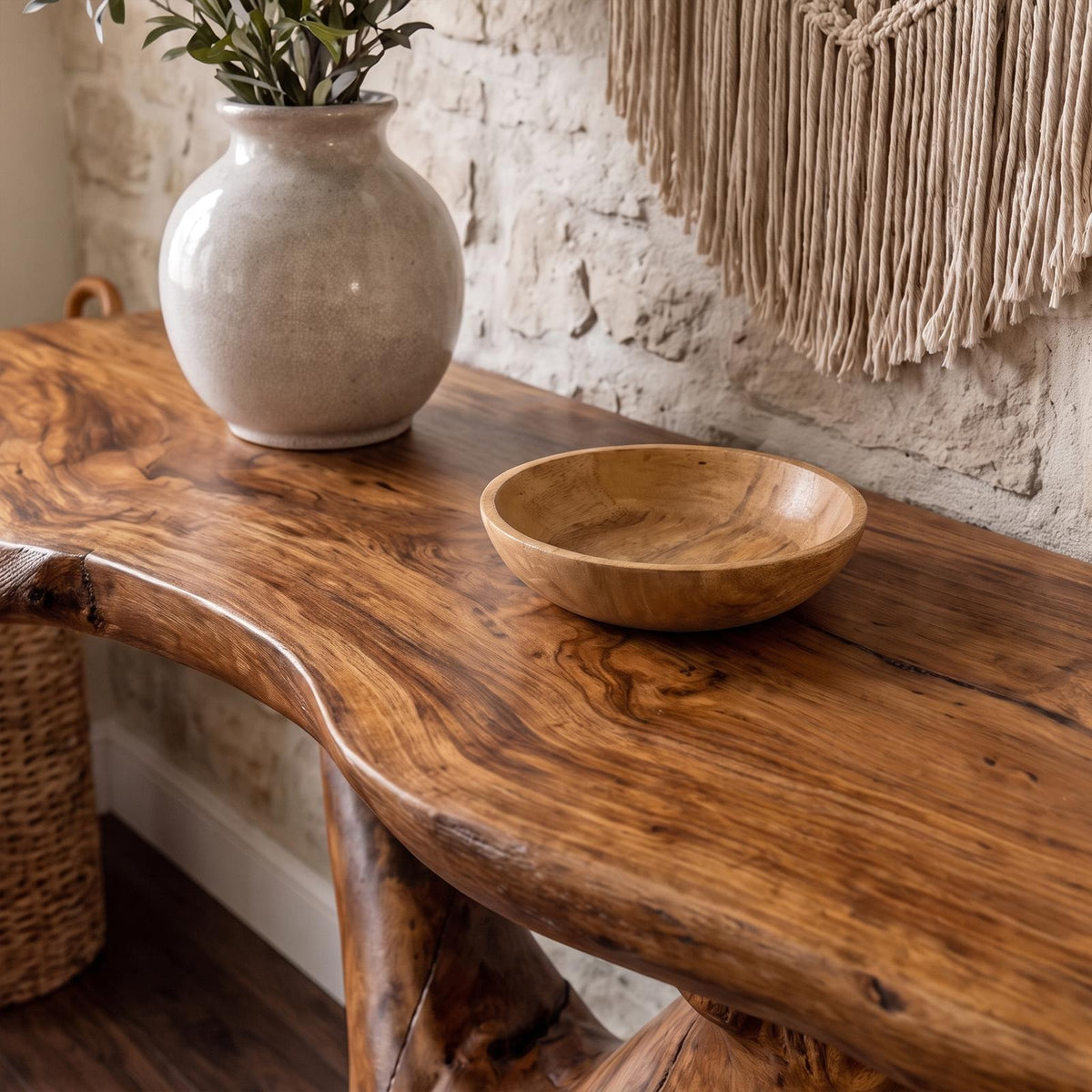 Rustic Sculptural Console Table, Natural Solid Wood Accent Sofa Table for Living Room & Foyer