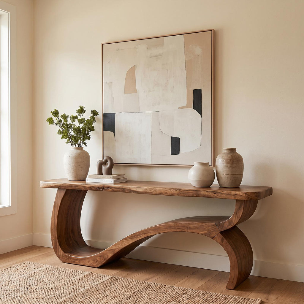 Modern Console Table Table With Sculptural Open Wood Base For Living Room