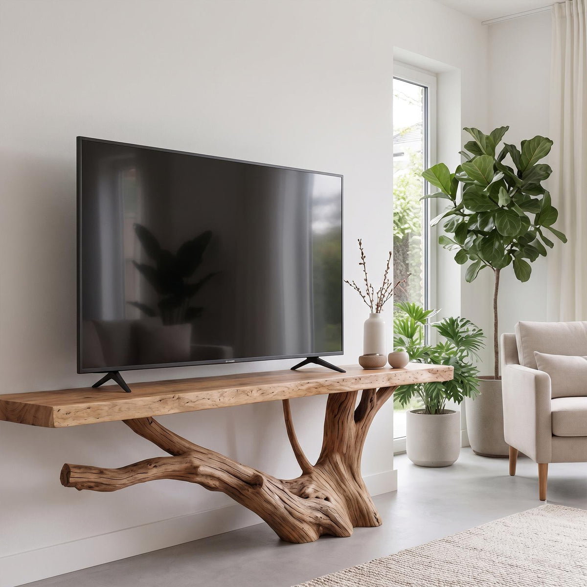 Nature Inspired TV Stand With Handcrafted Tree Root Design For Living Room
