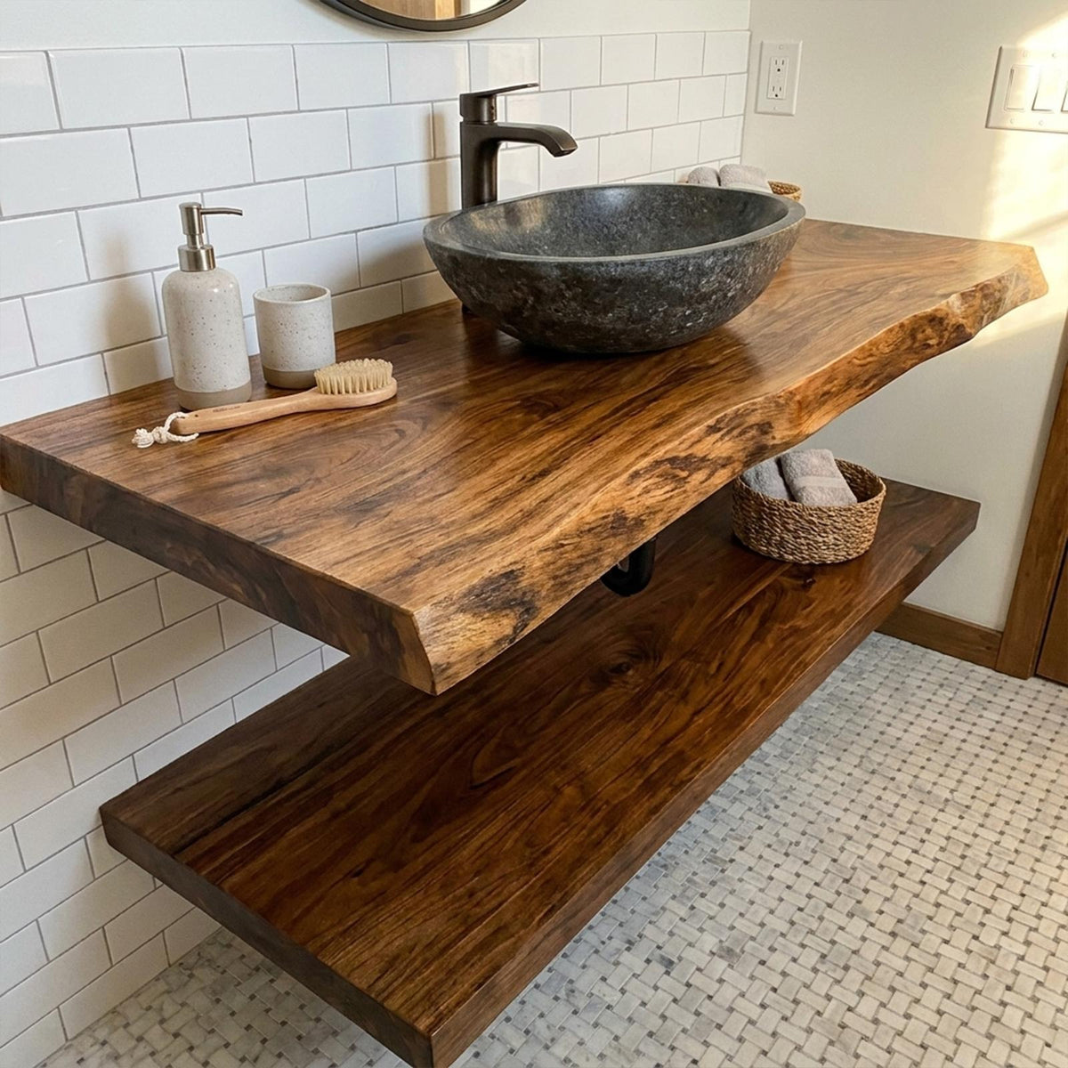Mid Century Bathroom Vanity Shelf Curved Edge Wood Bathroom Look SINLKIBRV232