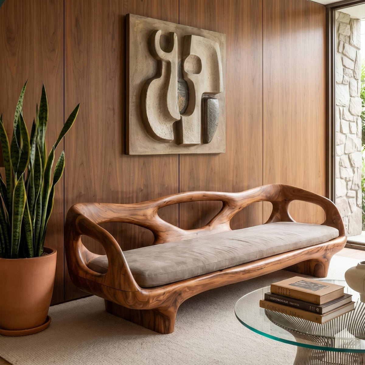 Organic Sculptural Sofa Frame, Curved Open Arm Solid Wood Couch Frame for Living Room