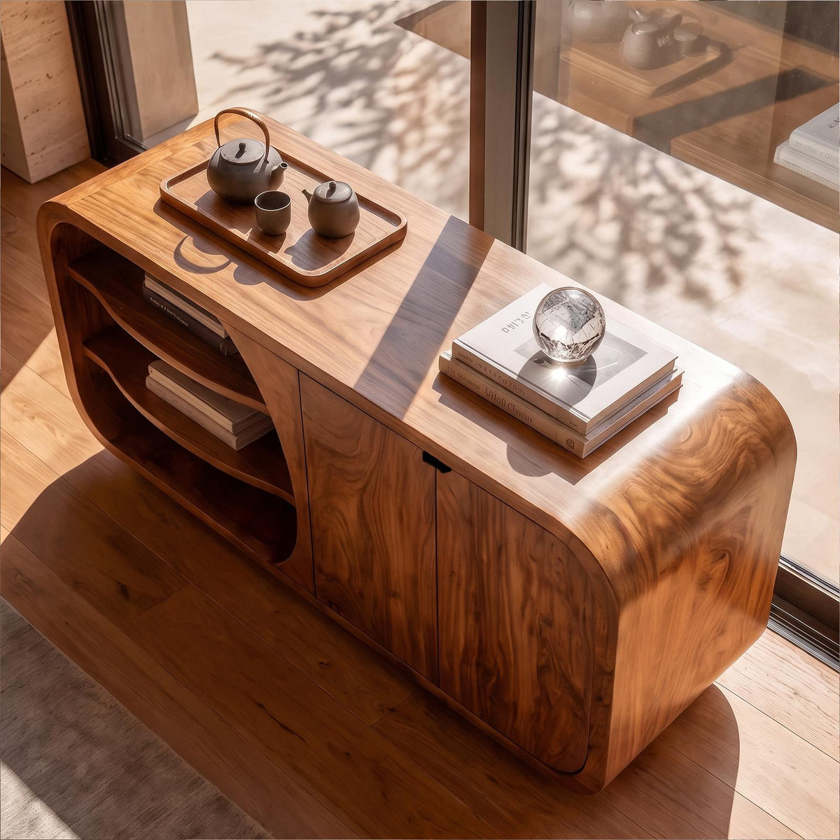 Mid Century Storage Cabinet With Curved Profile And Side Display Compartments For Living Room SINLKISC551