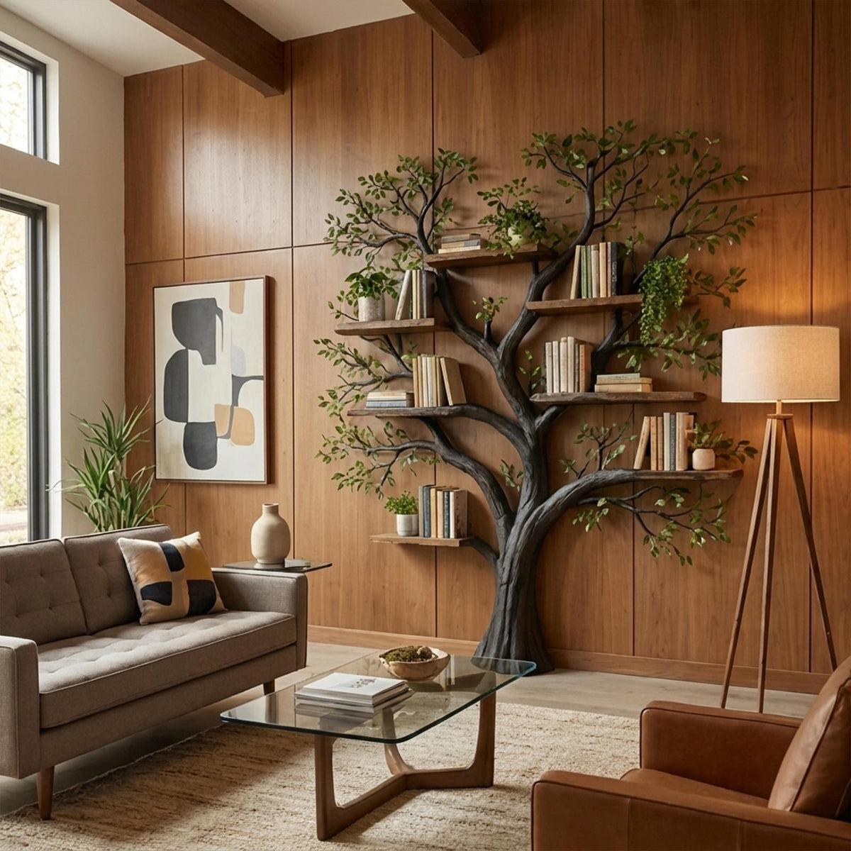 Handcrafted Wood Tree Storage Bookcase, Wall Mounted Floating Branch Display Shelf Statement Piece for Living Room