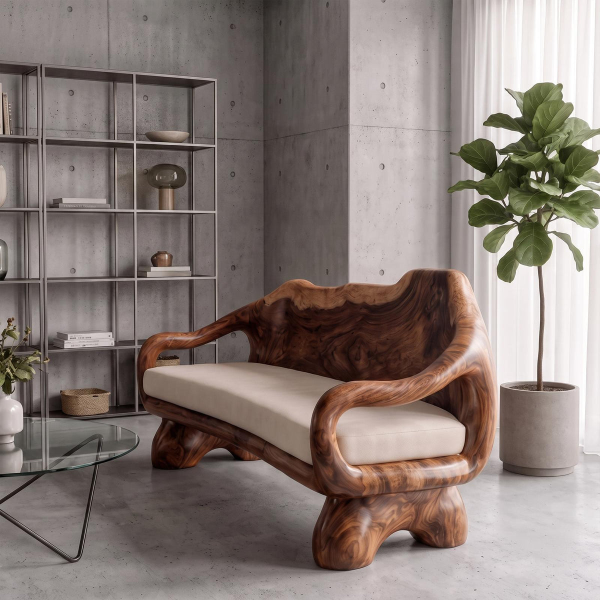 Sculptural Carved Sofa Frame Solid Wood Artistic Hand Carved Design Living Room And Lounge SINLKISF014