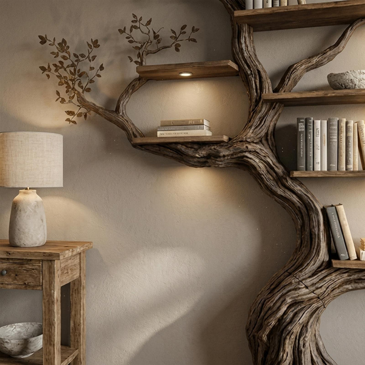 Modern Organic Tree Bookshelf, Flowing Sculptural Solid Wood Wall Mounted Floating Branch Bookcase for Living Room