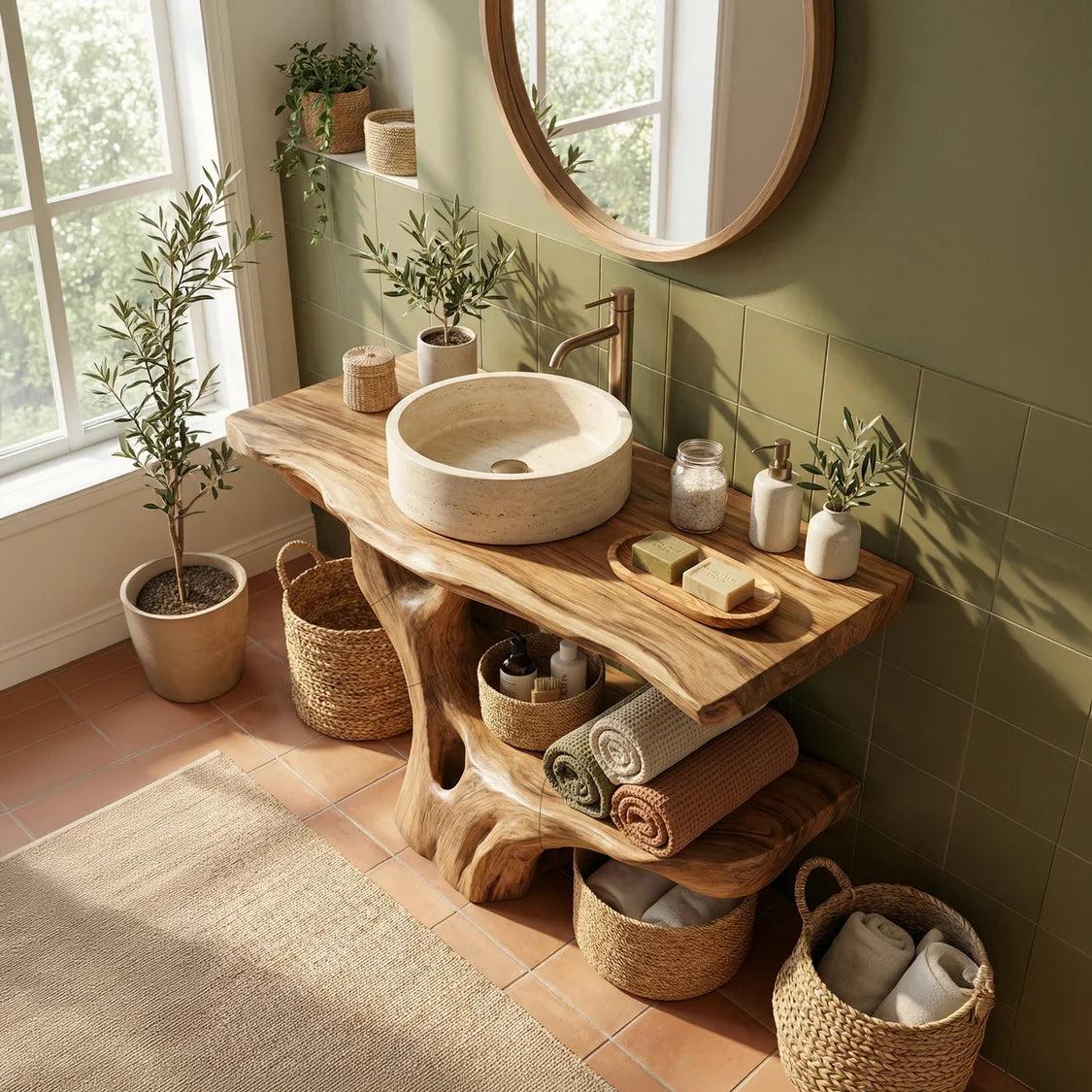 Spry Interior Modern Solid Wood Bathroom Vanity, Organic Live Edge Floating Single Sink Cabinet & Washbasin Console Shelf, SILDTTRBRV121