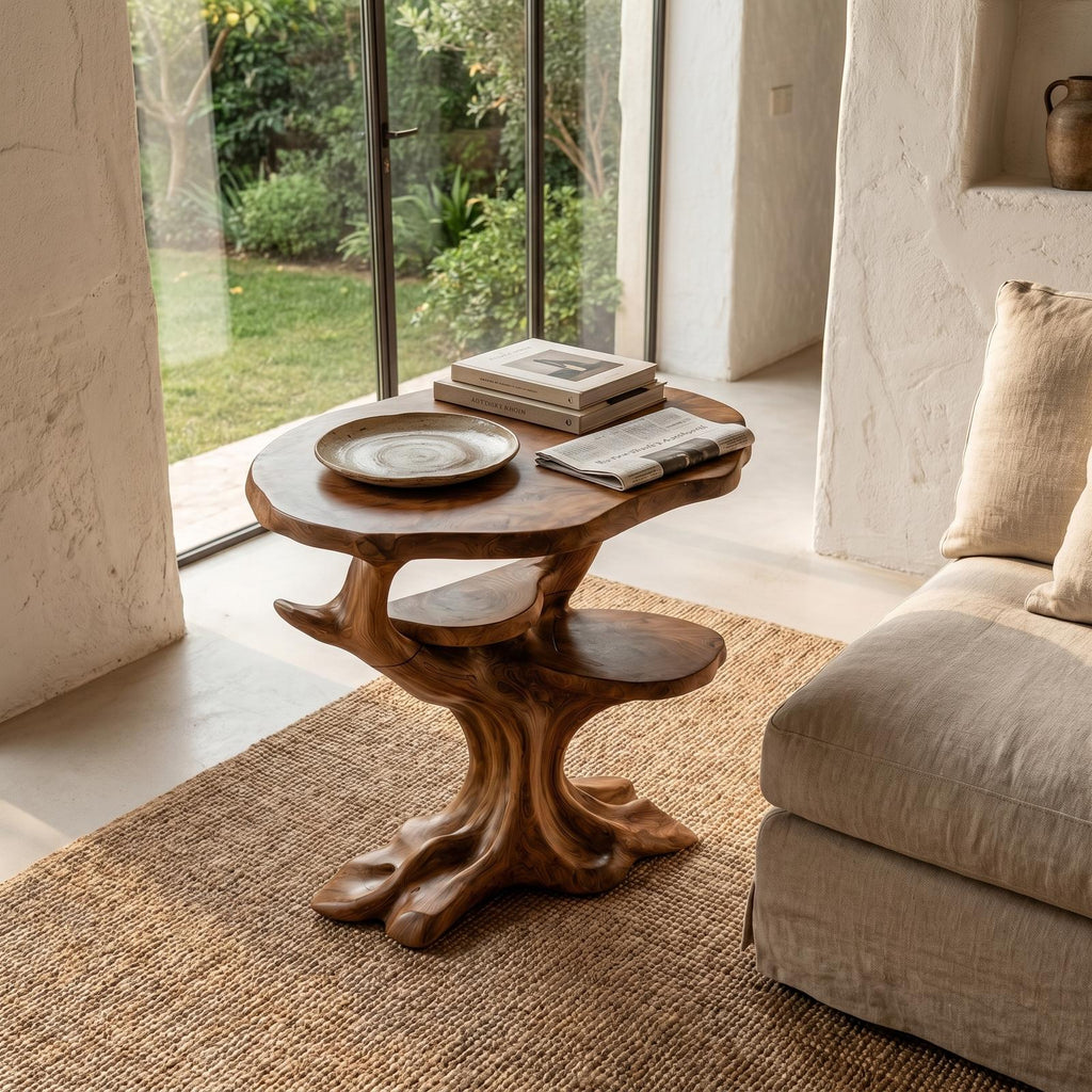 Organic Sculptural Side Table, Solid Wood Display End Table & Nightstand for Living Room and Bedroom
