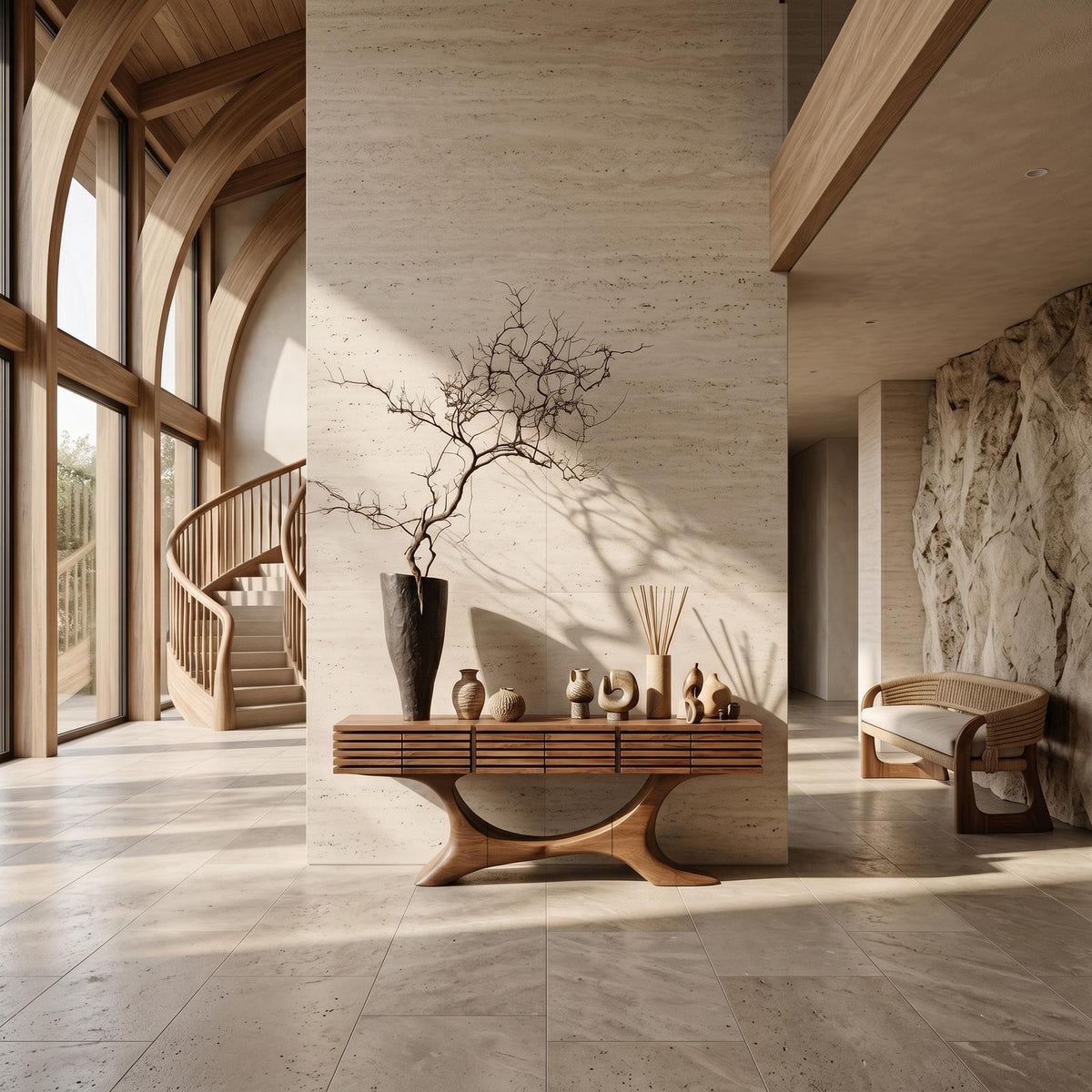 Contemporary Console Table With Curved Tree Trunk Base And Built In Storage Drawers For Living Room SINLHACS661