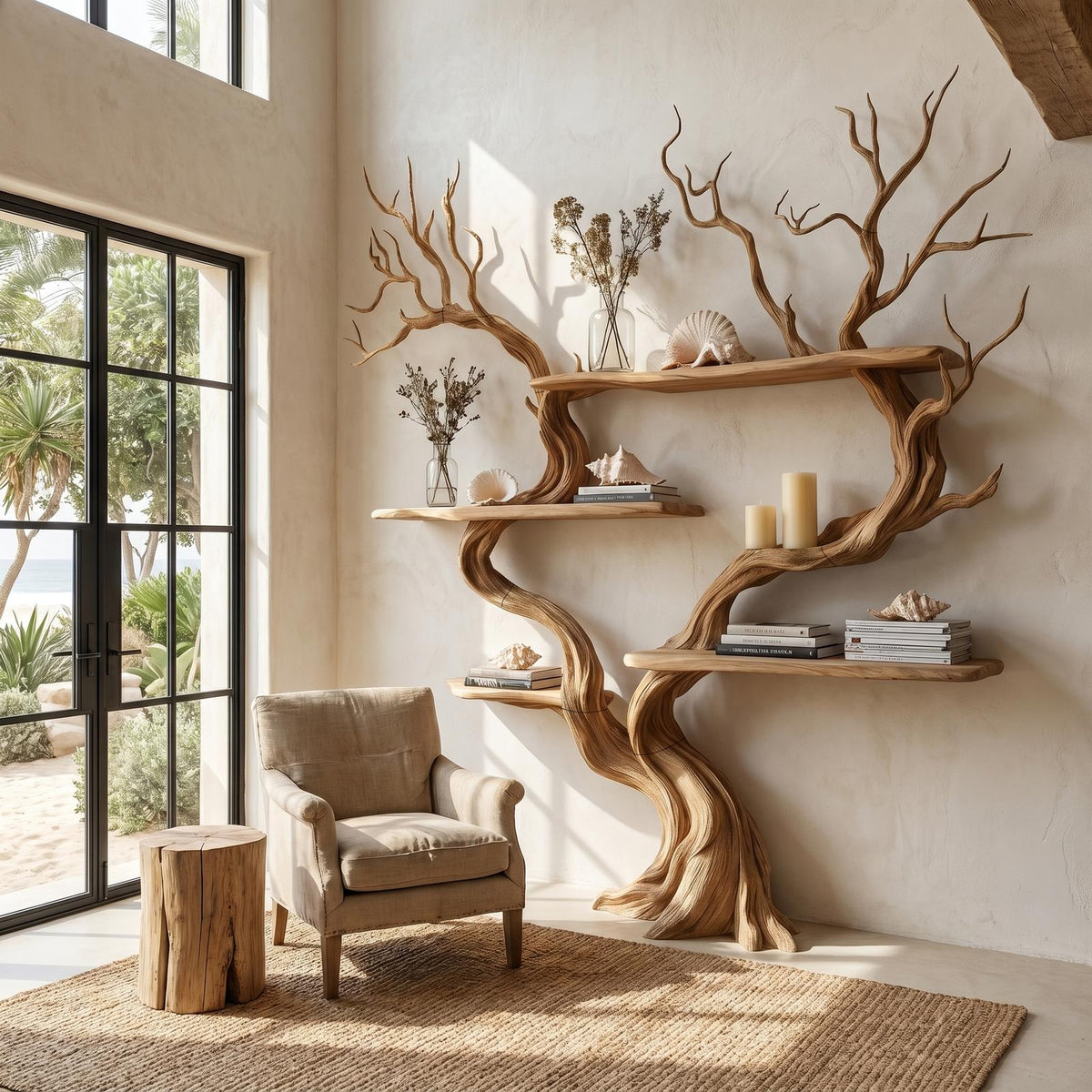 Organic Tree Wall Shelf With Multi Tier Display Shelves For Home
